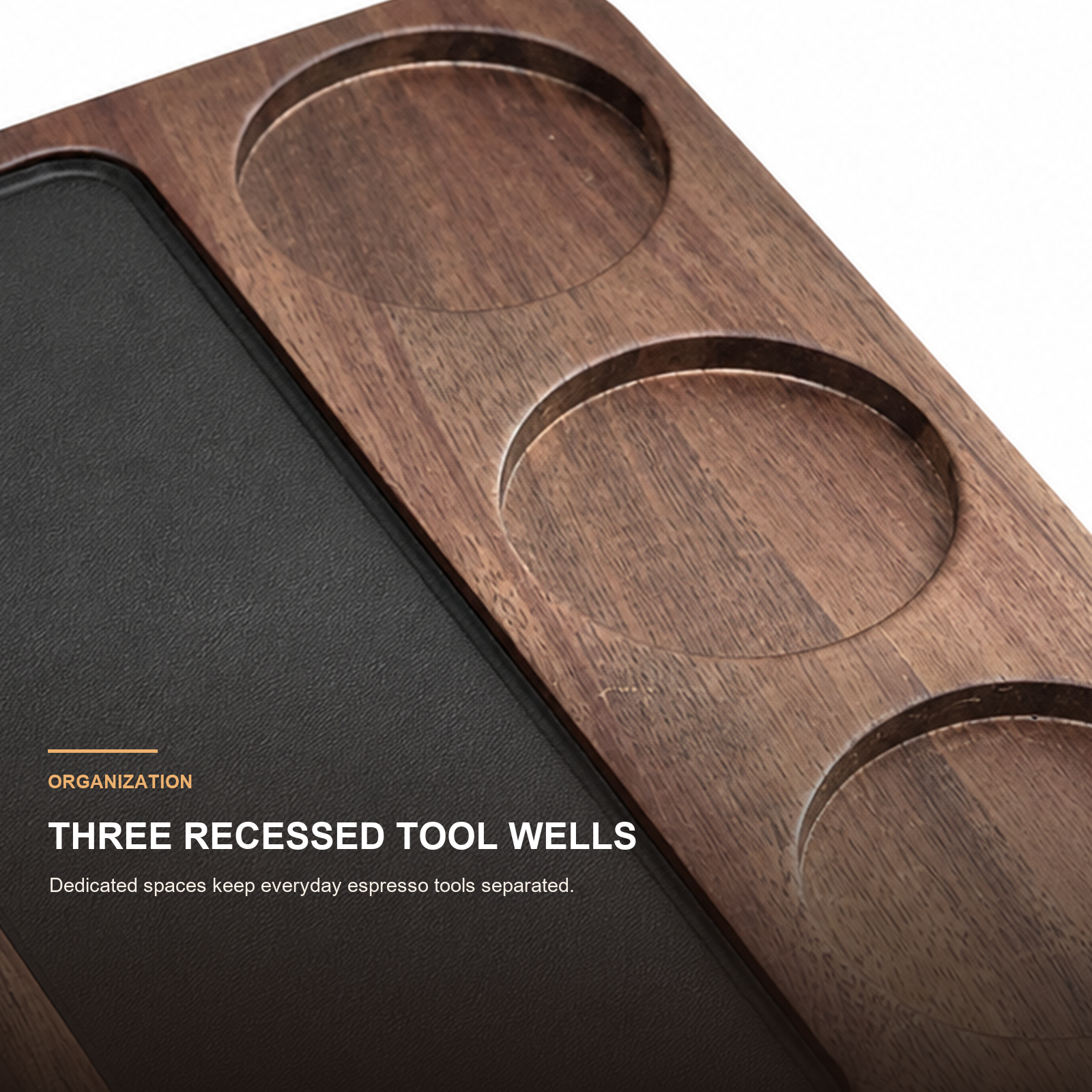 Three recessed wells on solid walnut espresso work board