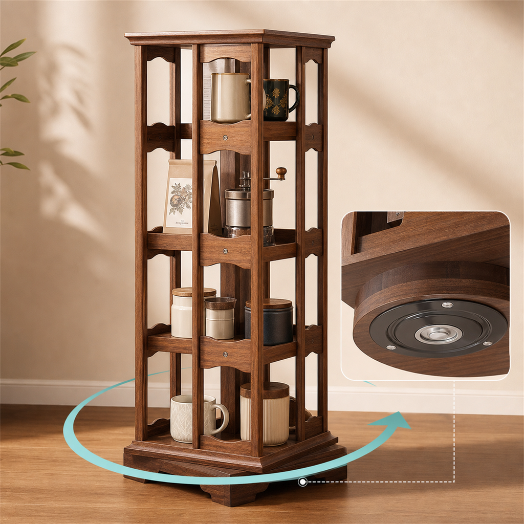 360-degree rotating base detail on solid wood coffee storage tower
