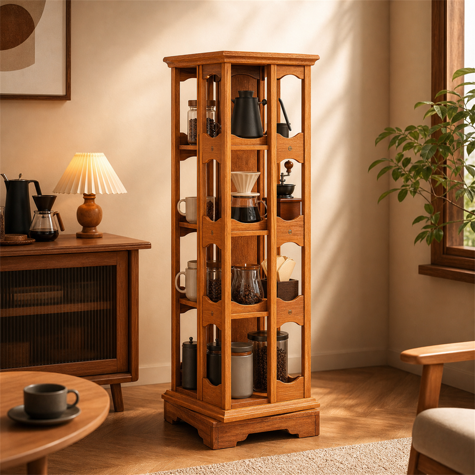 Cherry Wood rotating coffee storage tower styled in a warm coffee corner