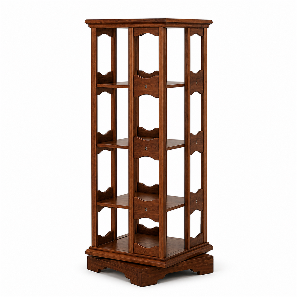 Four-tier 360-degree rotating solid rubberwood coffee storage tower on white