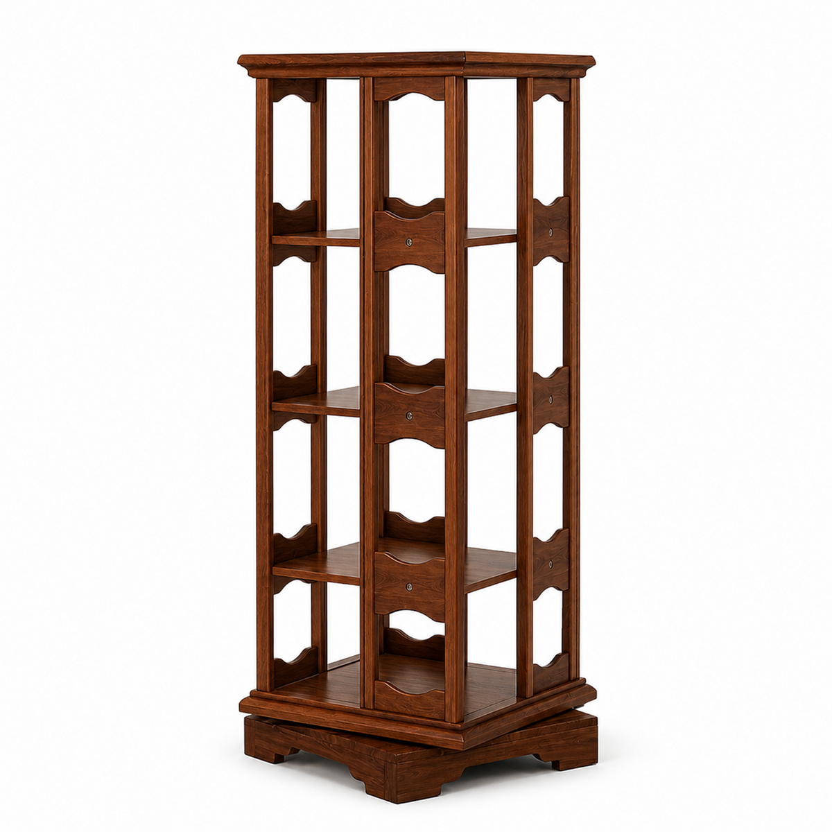 Four-tier 360-degree rotating solid rubberwood coffee storage tower on white