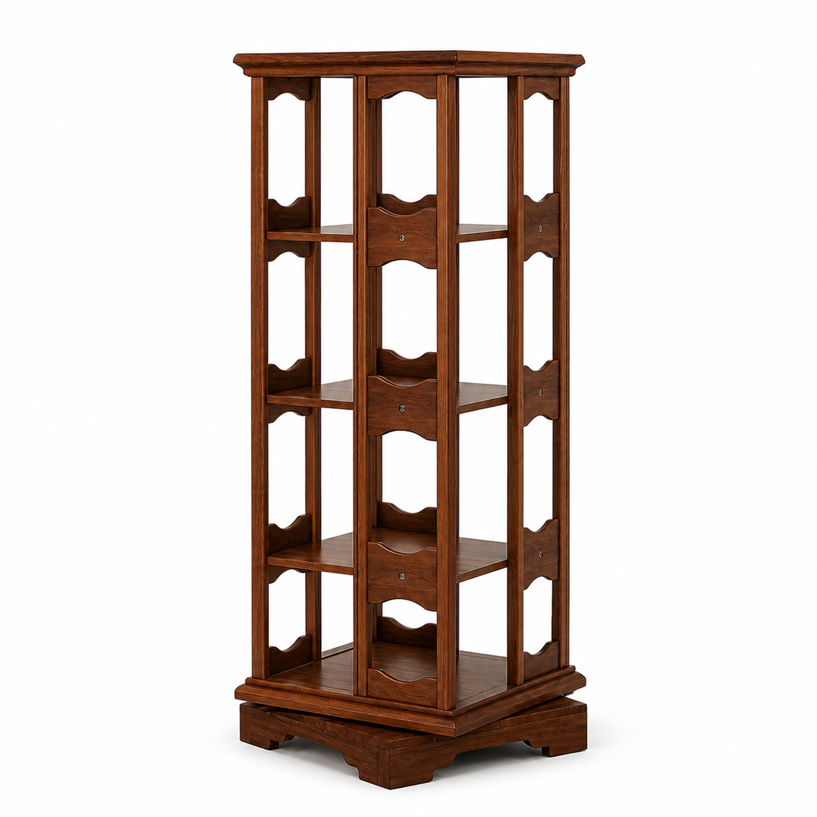 Four-tier 360-degree rotating solid rubberwood coffee storage tower on white