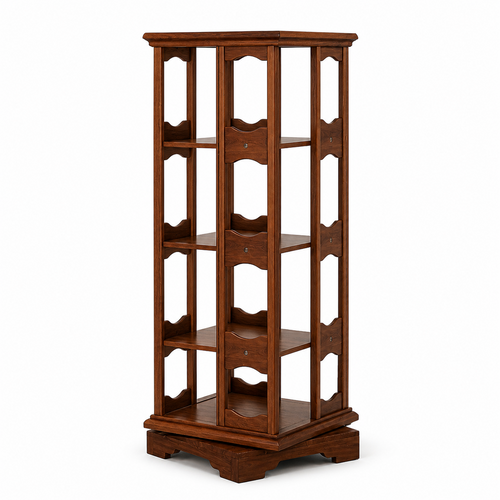 Four-tier 360-degree rotating solid rubberwood coffee storage tower on white