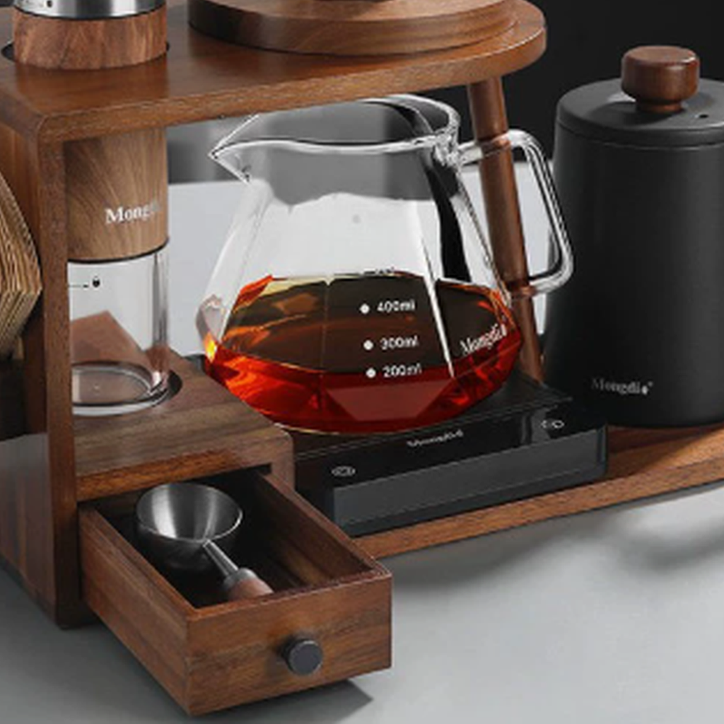 Solid walnut pour-over coffee station with brewing tools