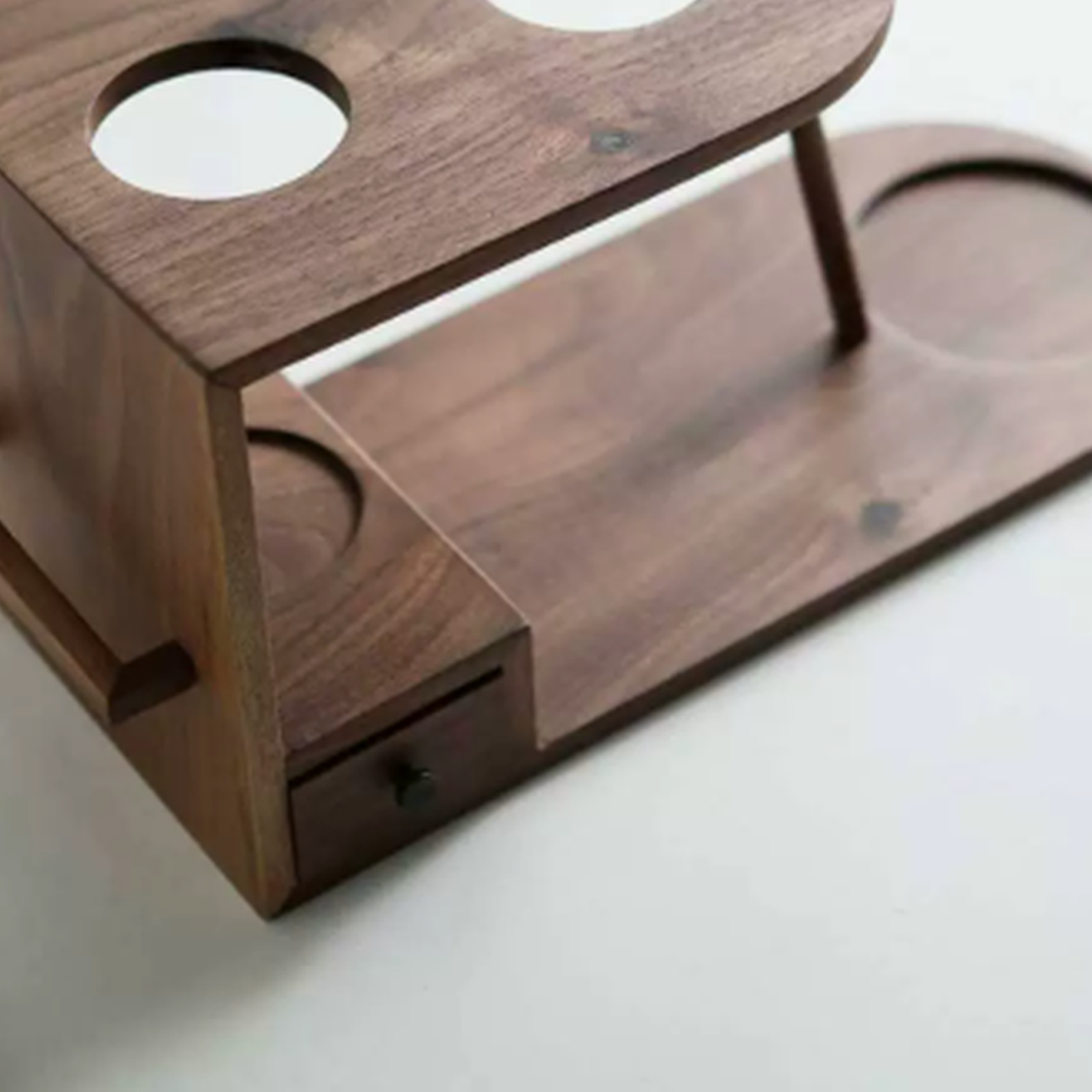 Open-angle view of solid walnut brewing organizer