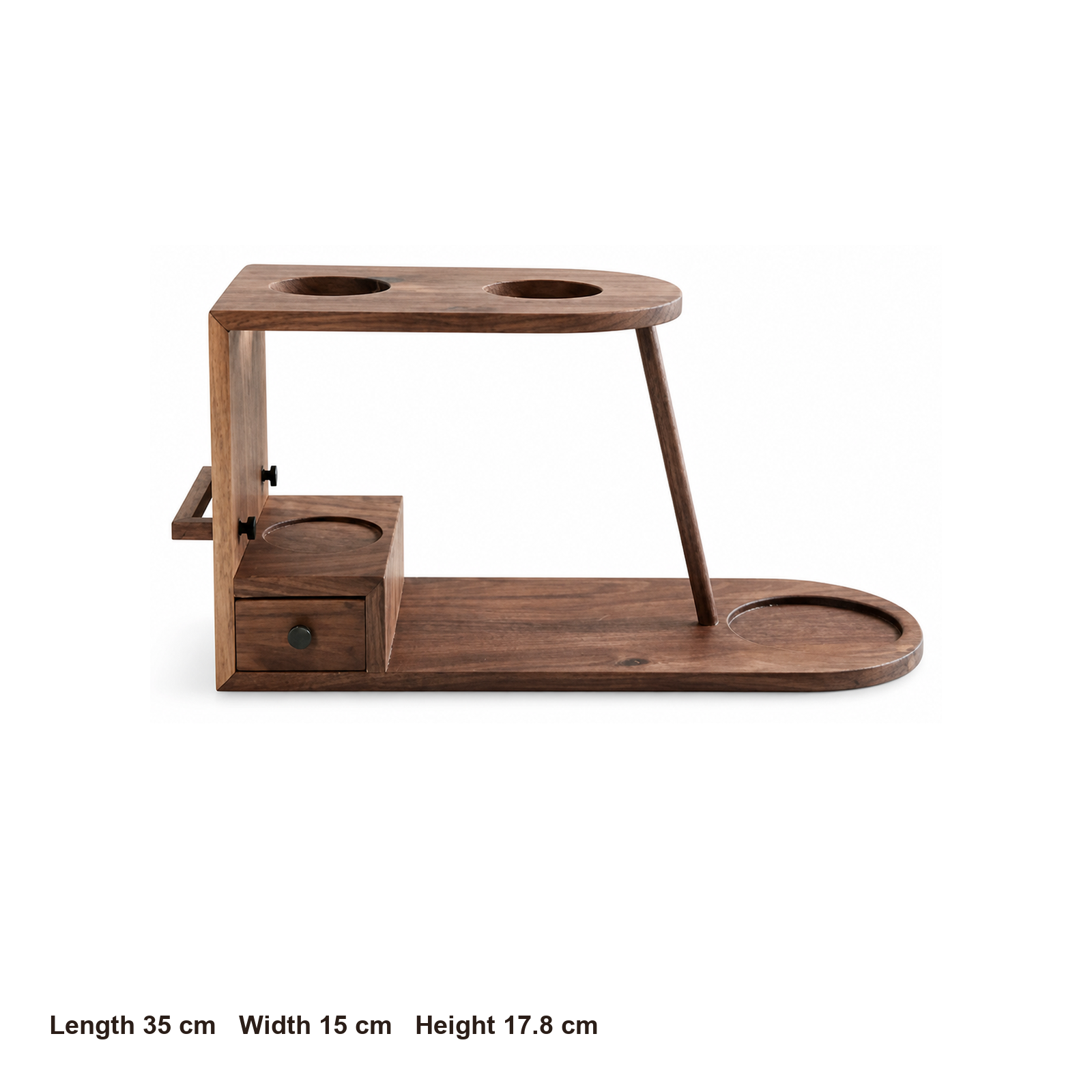 Solid walnut pour-over coffee station dimensions: 35 by 15 by 17.8 centimeters