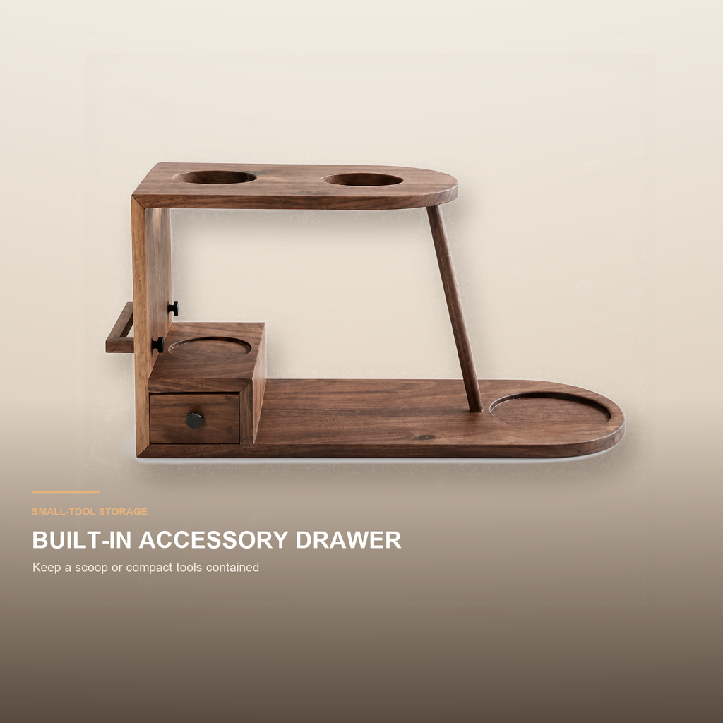 Solid walnut grain detail on pour-over station