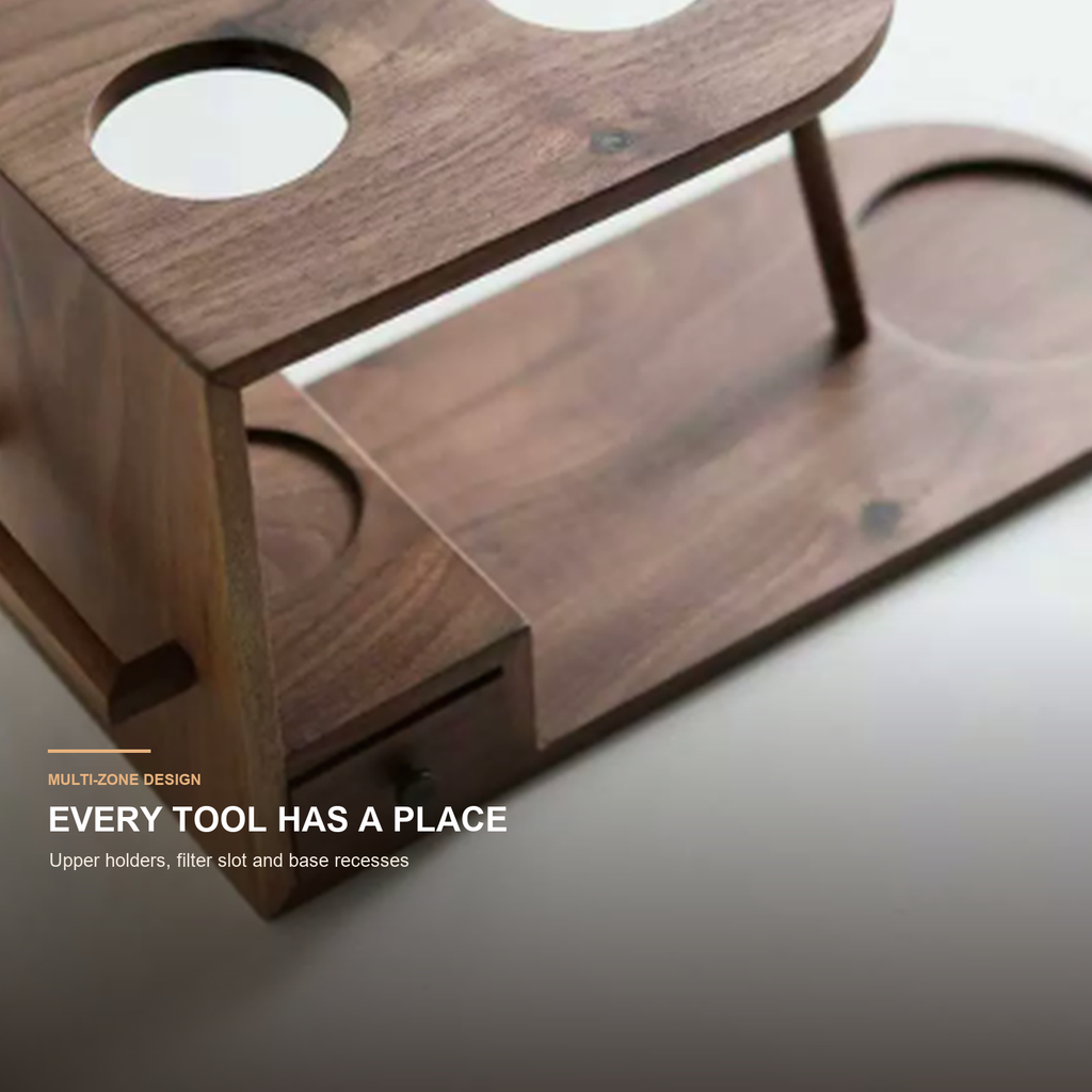 Built-in drawer and multi-zone coffee tool organization