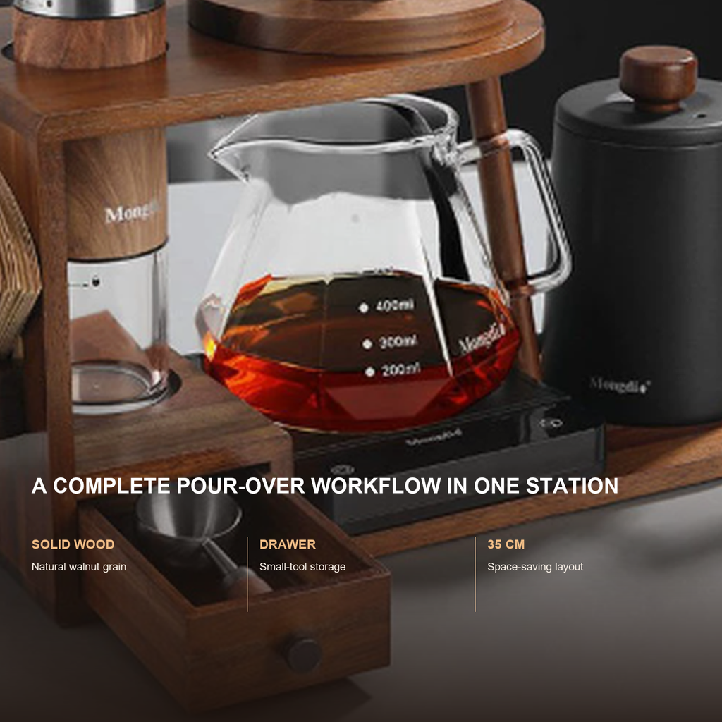 Solid walnut pour-over coffee organization features