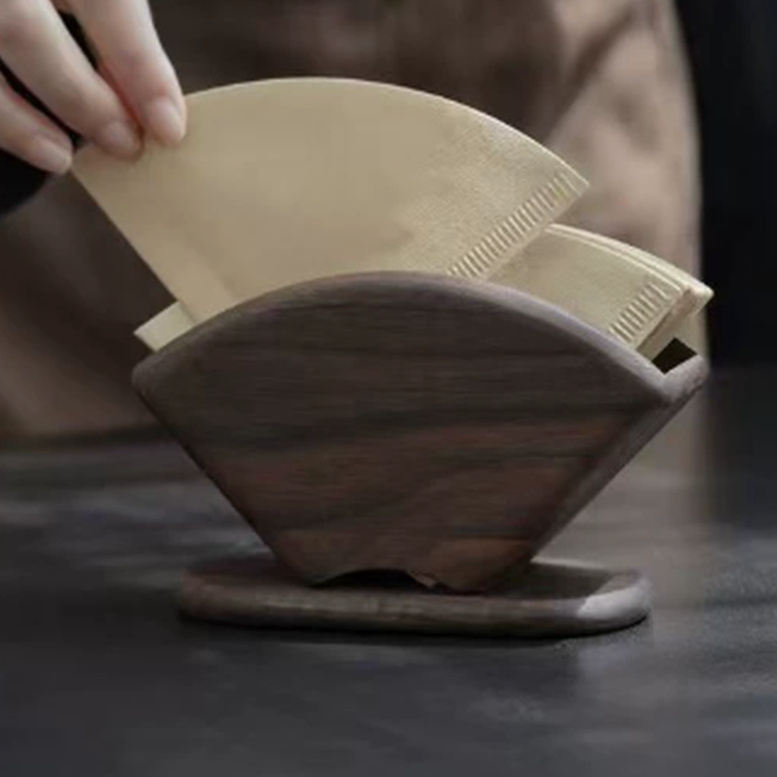 Black walnut V60 filter paper holder in use