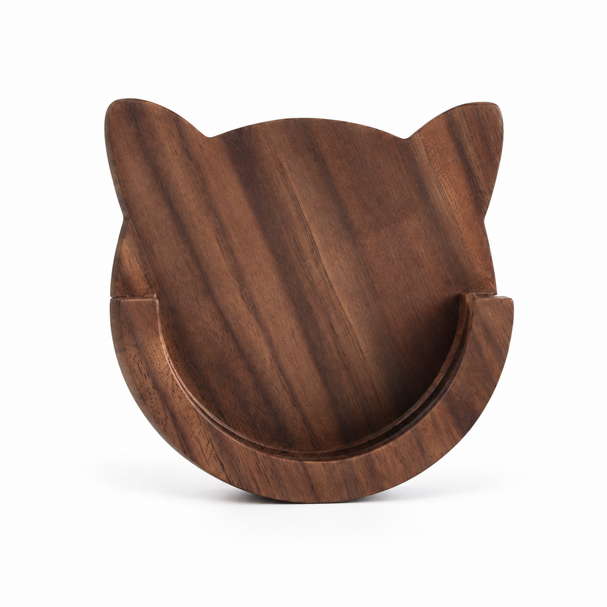 Solid walnut cat-shaped magnetic portafilter holder on a white background