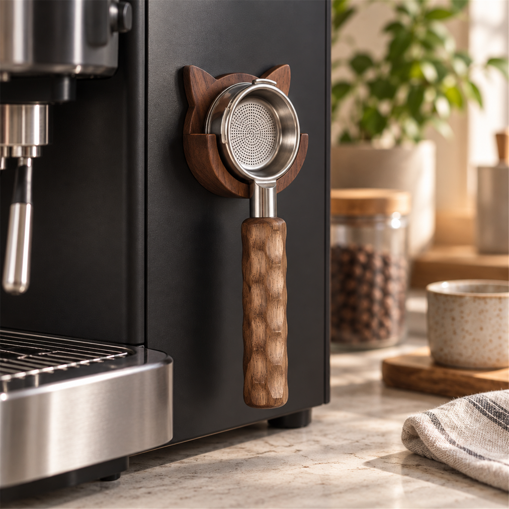Walnut magnetic holder storing a bottomless portafilter on a coffee machine side panel