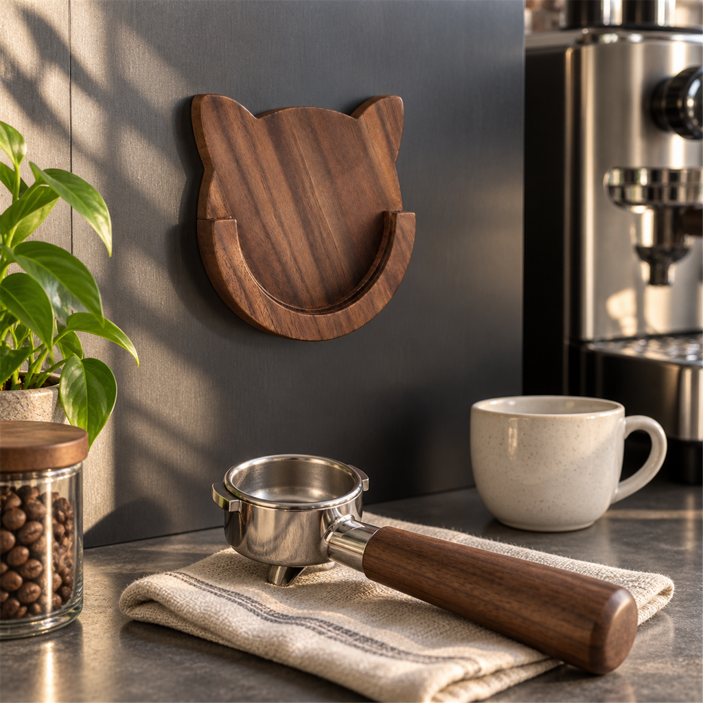 Empty walnut cat-shaped holder at an espresso station with a portafilter on the counter