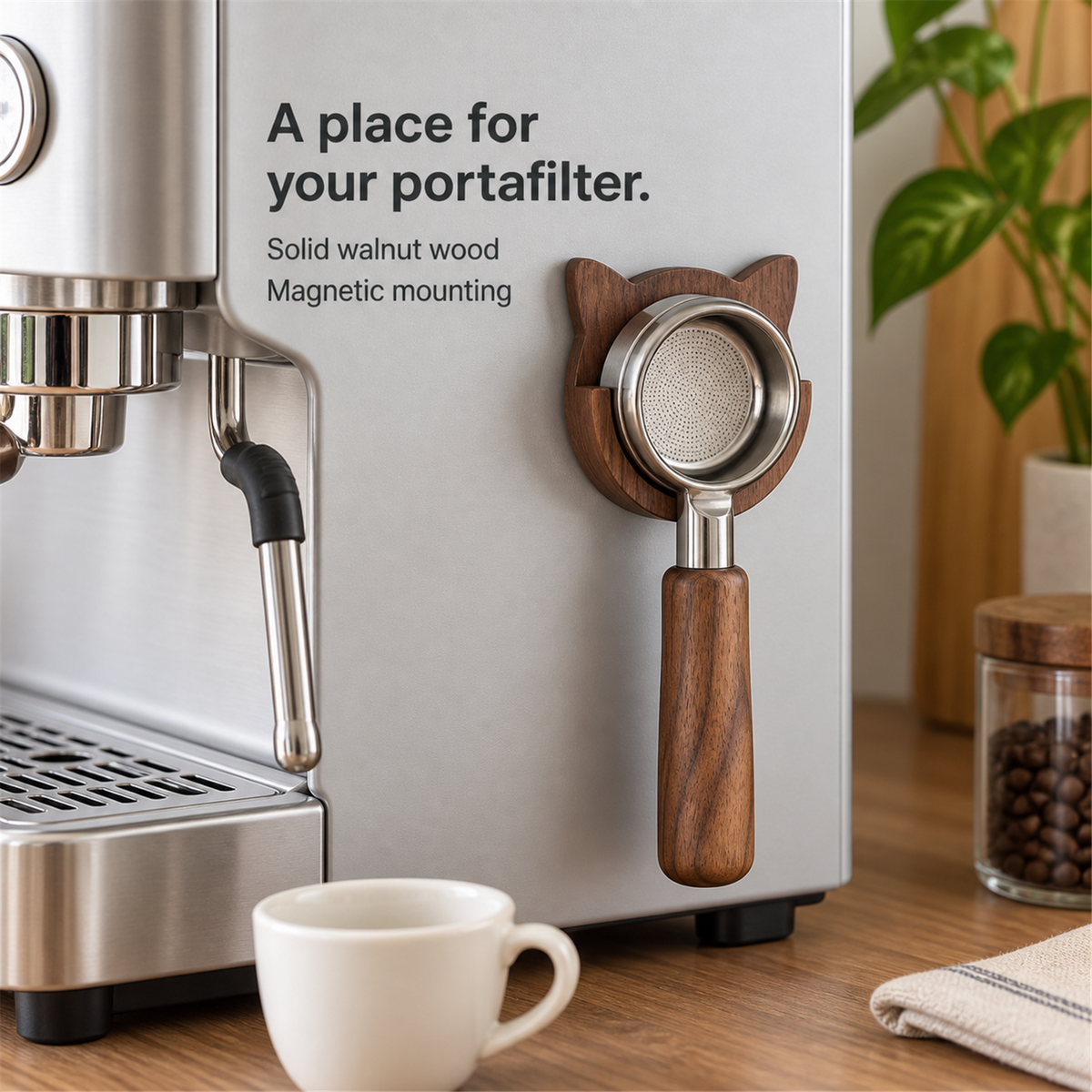 Magnetic walnut portafilter holder organizing an espresso machine side panel
