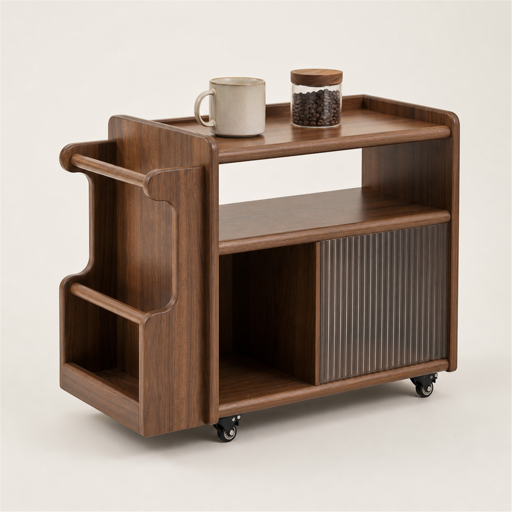 Solid wood rolling coffee side cart in walnut finish