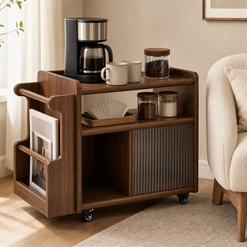 Walnut rolling coffee cart styled beside a lounge chair