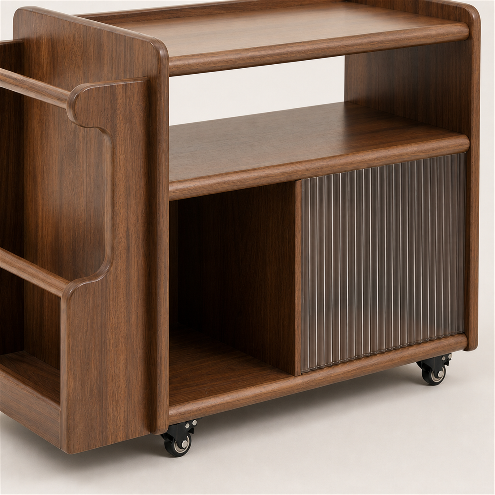 Ribbed cabinet door rounded wood frame and swivel caster detail