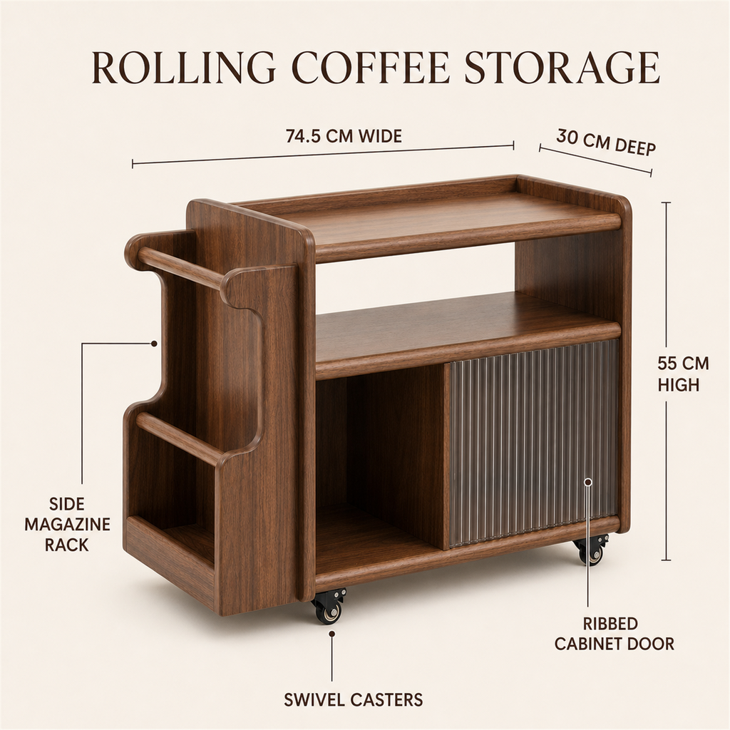 Rolling coffee cart dimensions and storage features
