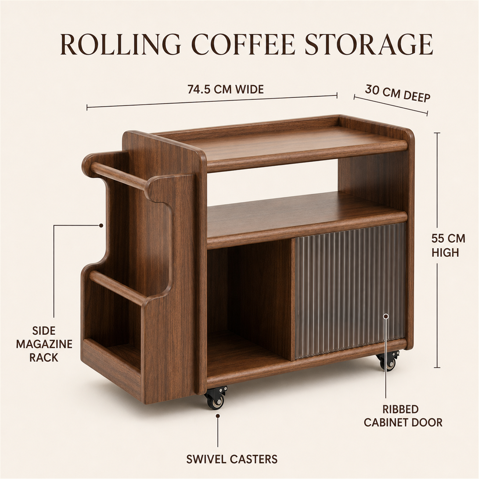 Rolling coffee cart dimensions and storage features