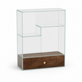 Solid walnut and tempered glass coffee display cabinet with staggered shelves and one drawer on a white background