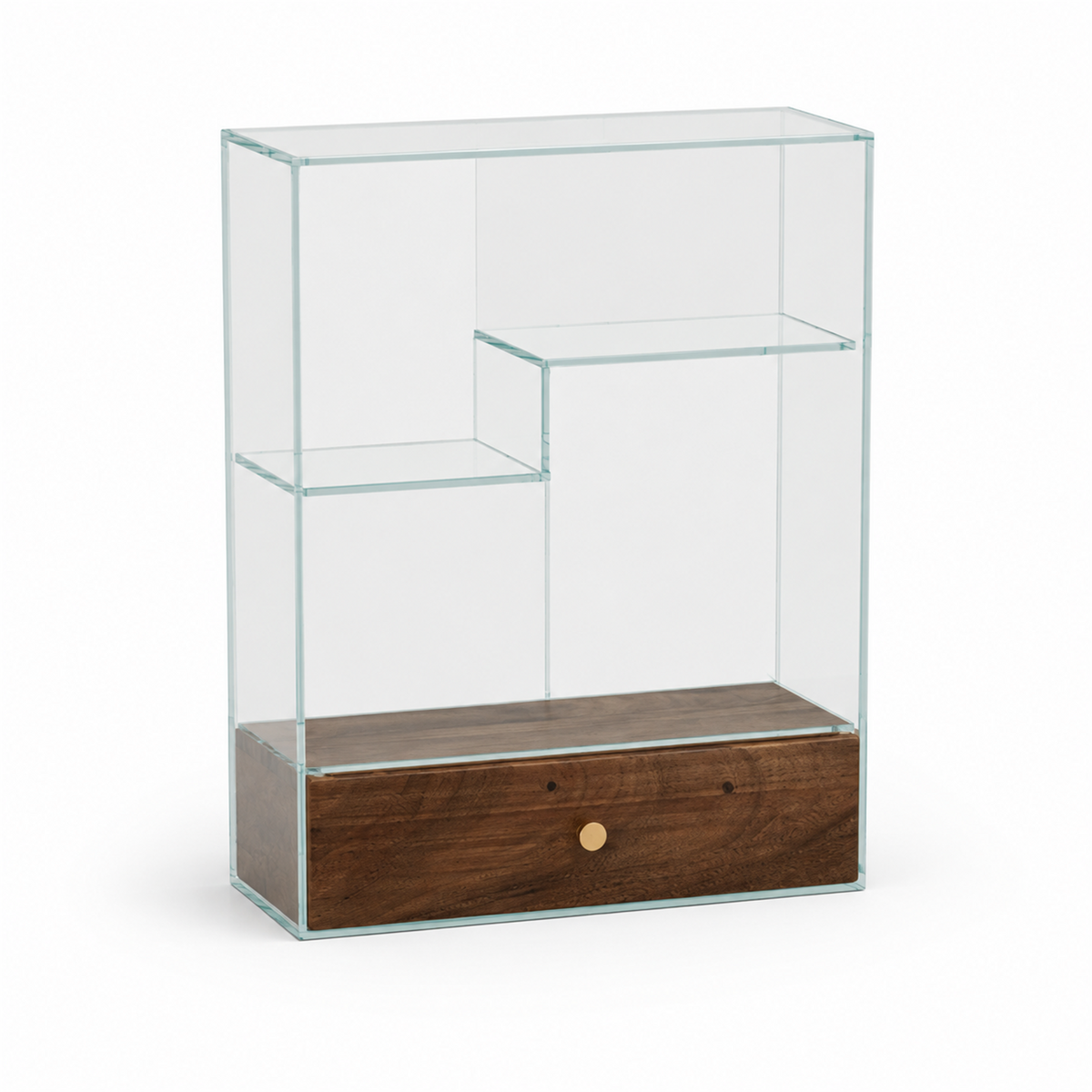 Solid walnut and tempered glass coffee display cabinet with staggered shelves and one drawer on a white background