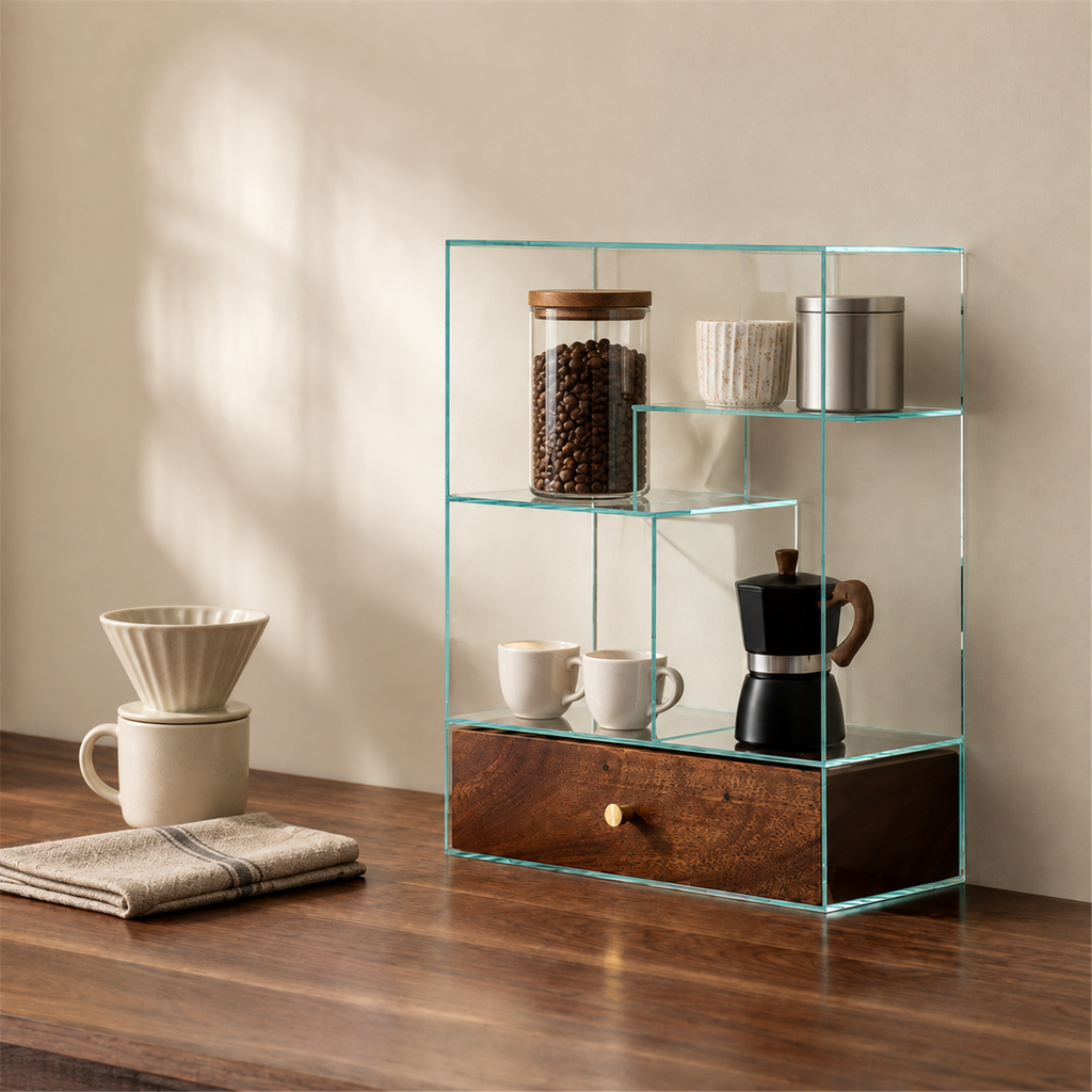 Three-quarter view of the walnut and glass display cabinet holding coffee cups, bean jar and moka pot