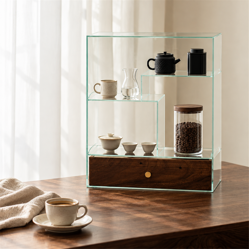 Front view of the glass coffee display cabinet with walnut drawer beside a cup of coffee