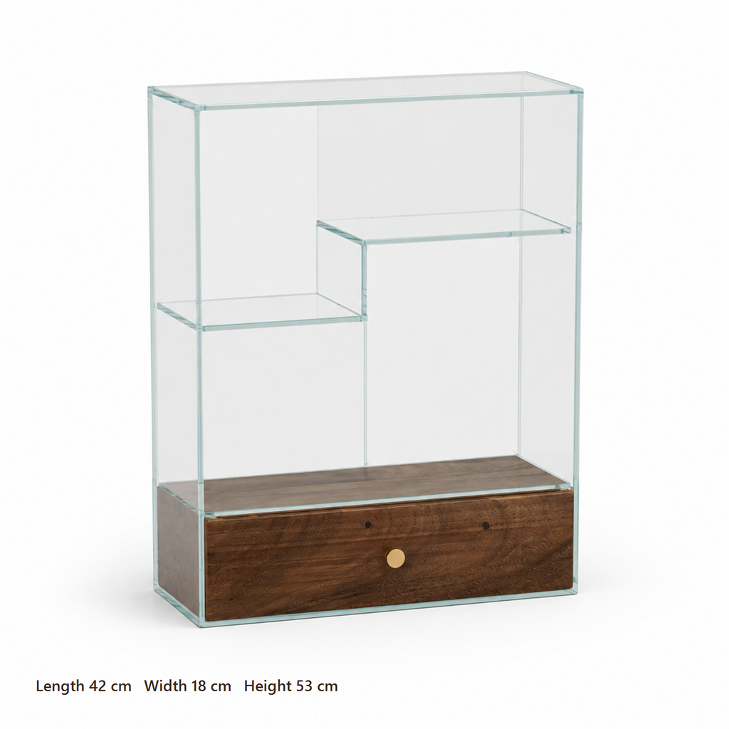 Walnut and glass countertop display cabinet dimensions: 42 cm length, 18 cm depth and 53 cm height