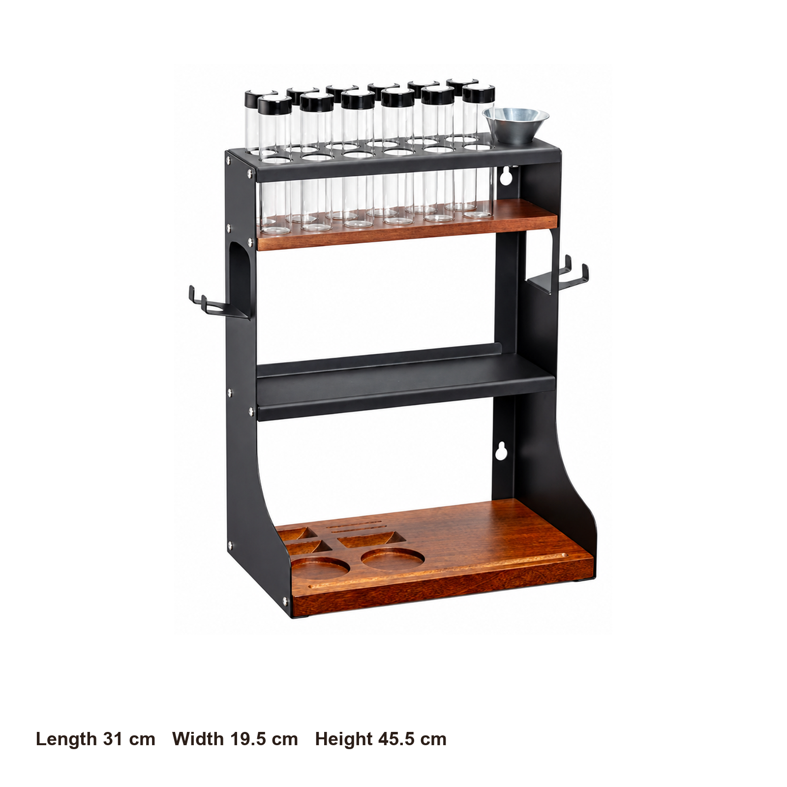 Three-tier coffee dosing station dimensions: 31 by 19.5 by 45.5 centimeters