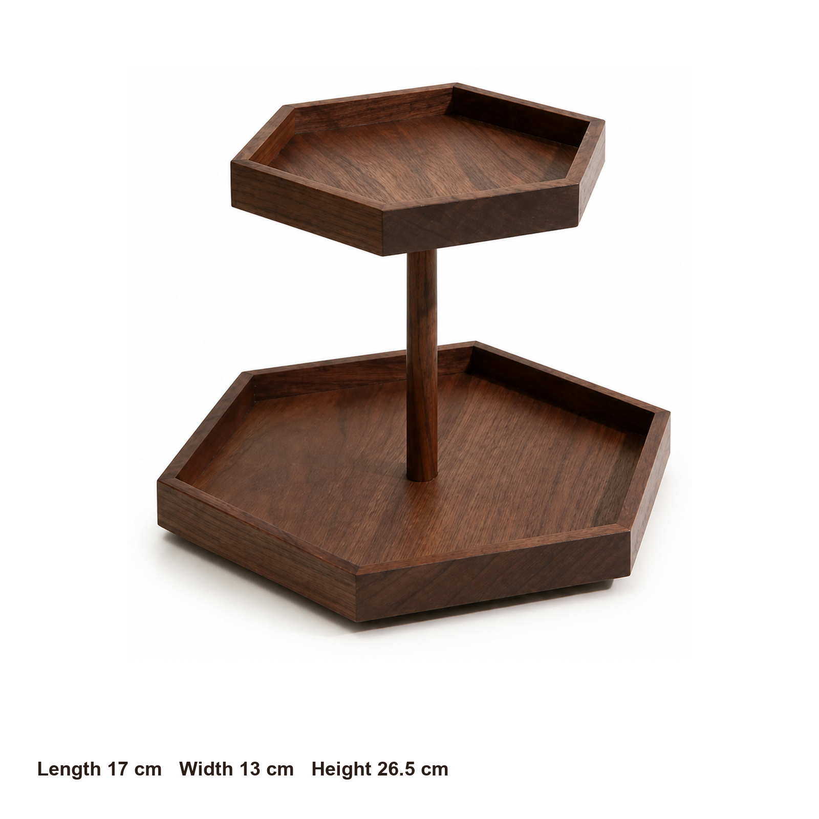 Solid black walnut two-tier display dimensions: 17 by 13 by 26.5 centimeters