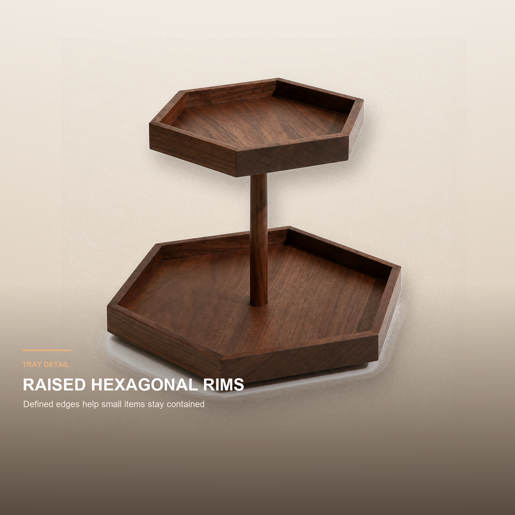 Raised hexagonal rims on solid black walnut trays