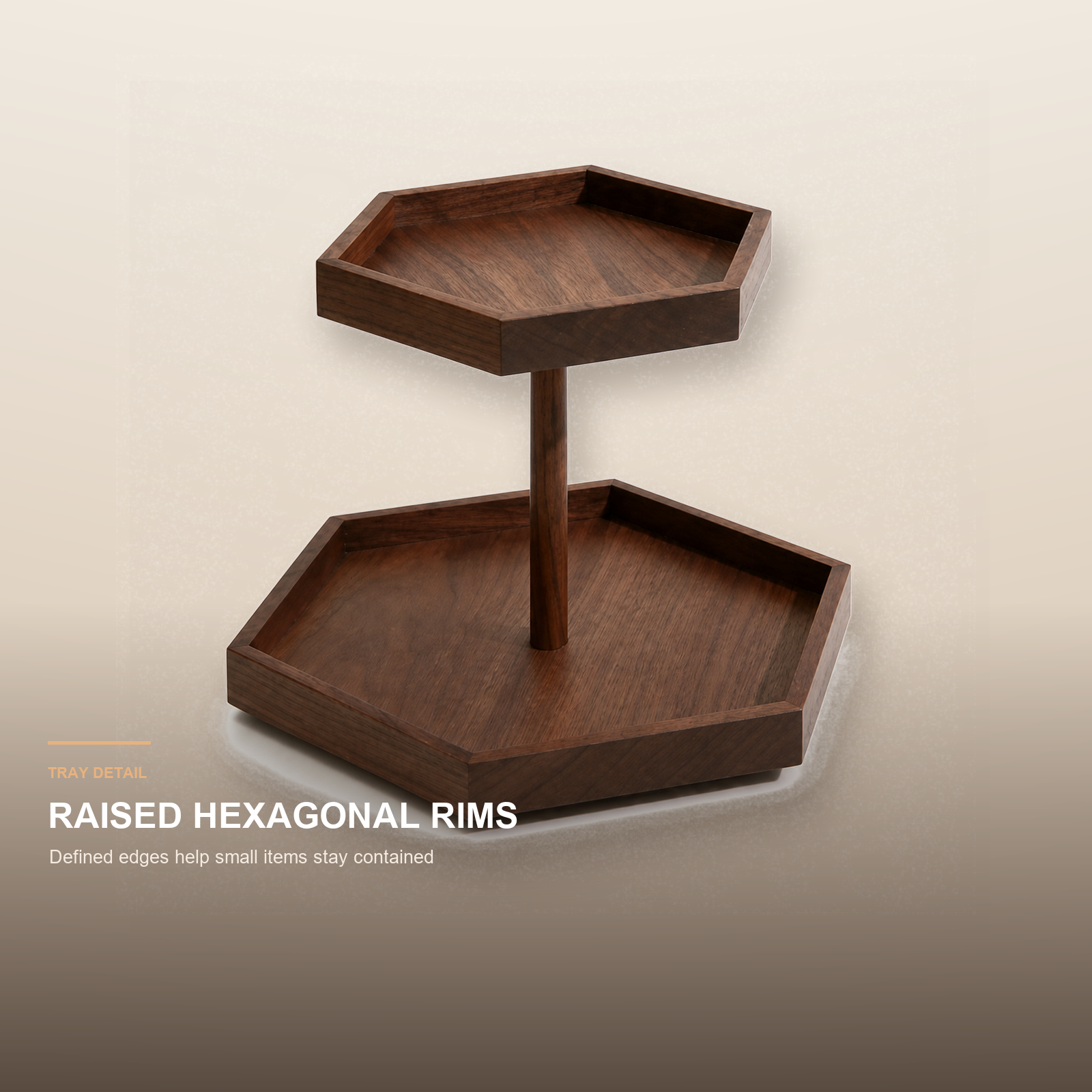Raised hexagonal rims on solid black walnut trays