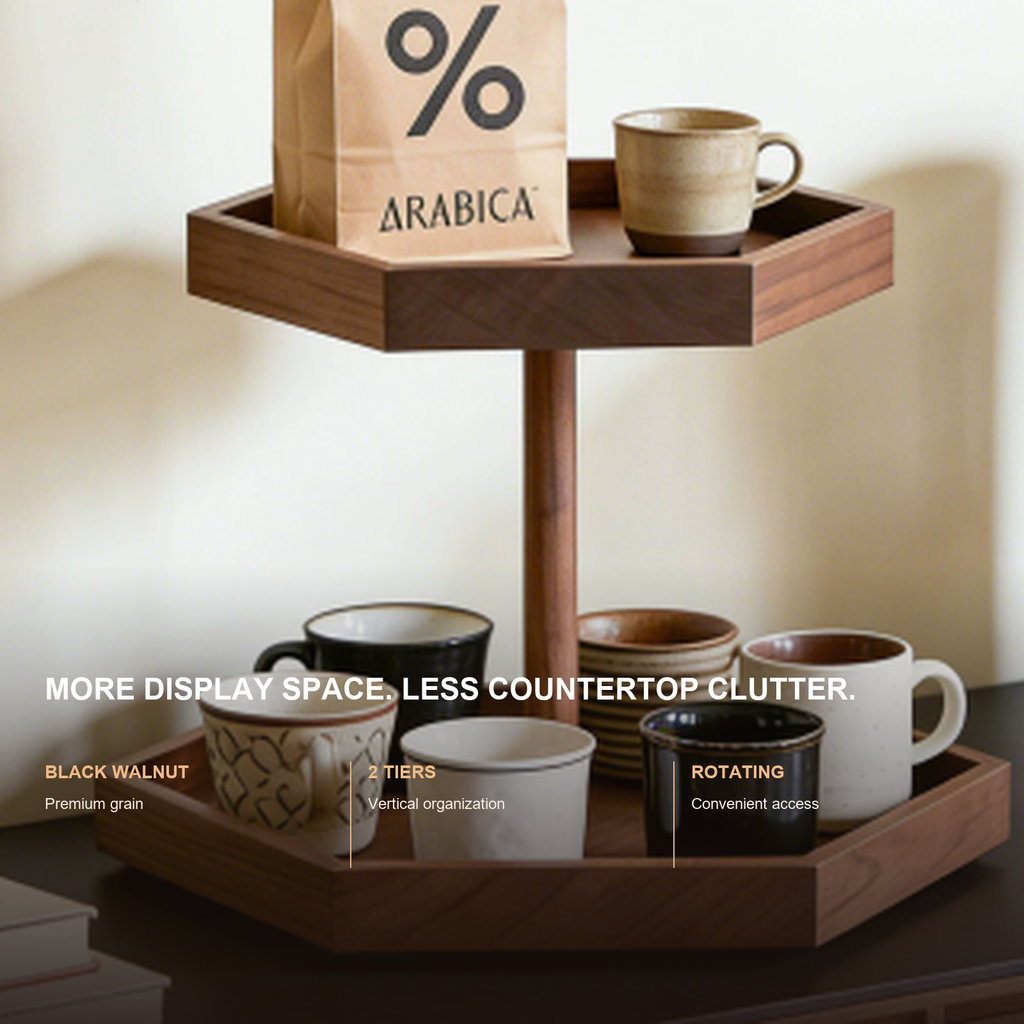 Rotating two-tier solid black walnut coffee display features