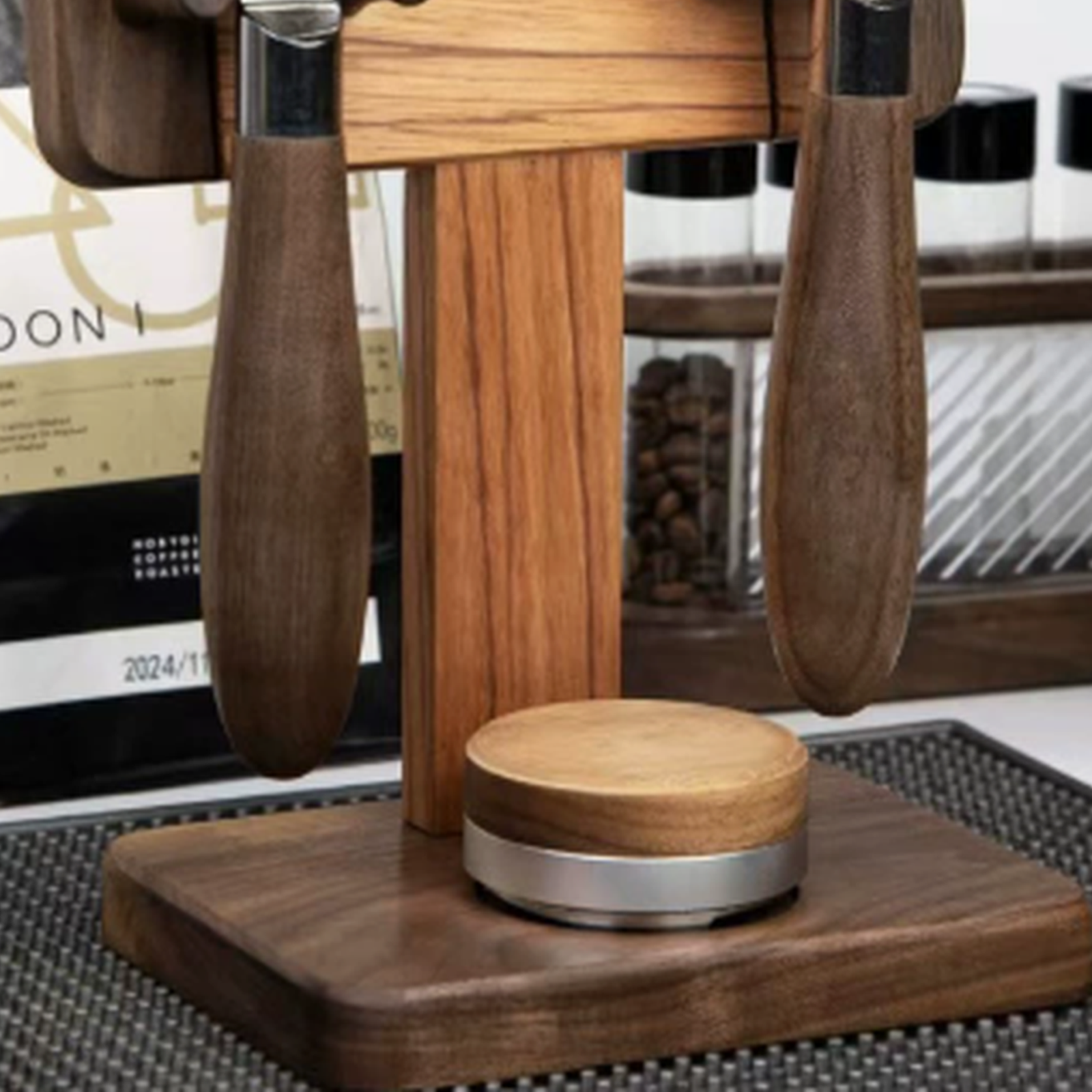 Two-tone walnut espresso portafilter display stand