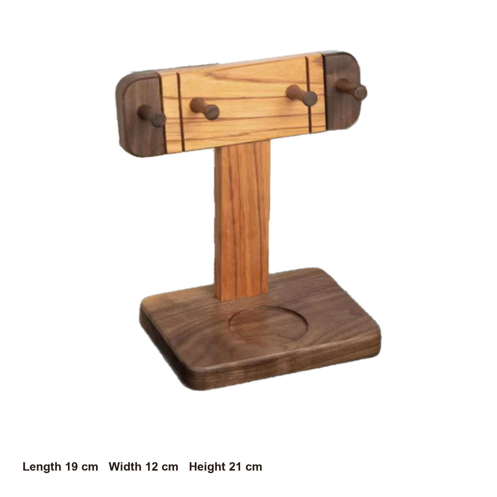 Solid walnut portafilter display stand dimensions: 19 by 12 by 21 centimeters