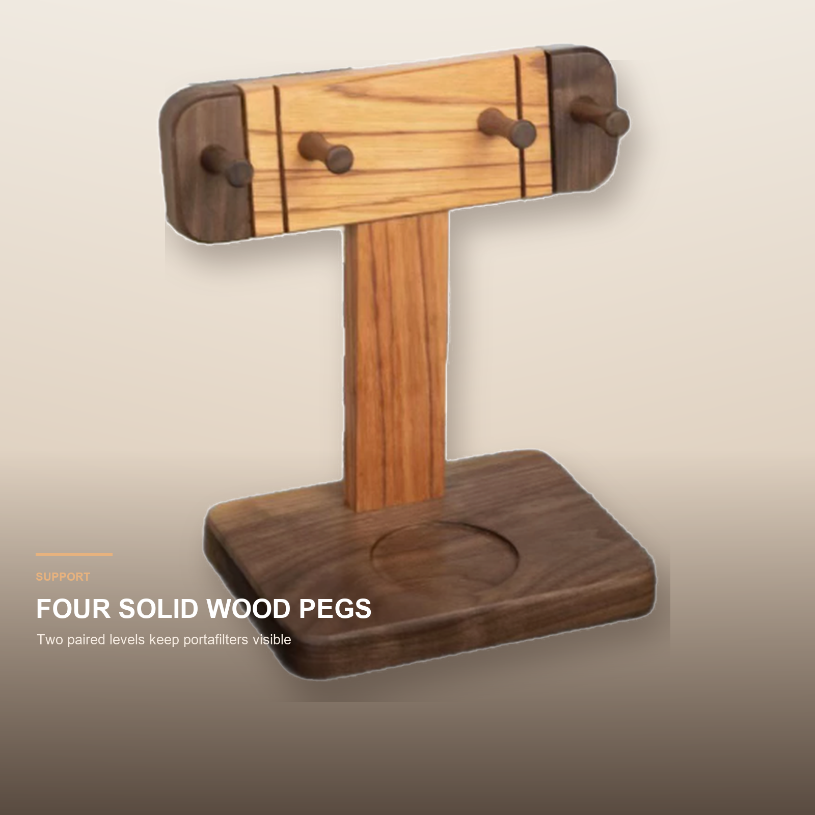 Four solid wood pegs support espresso portafilters