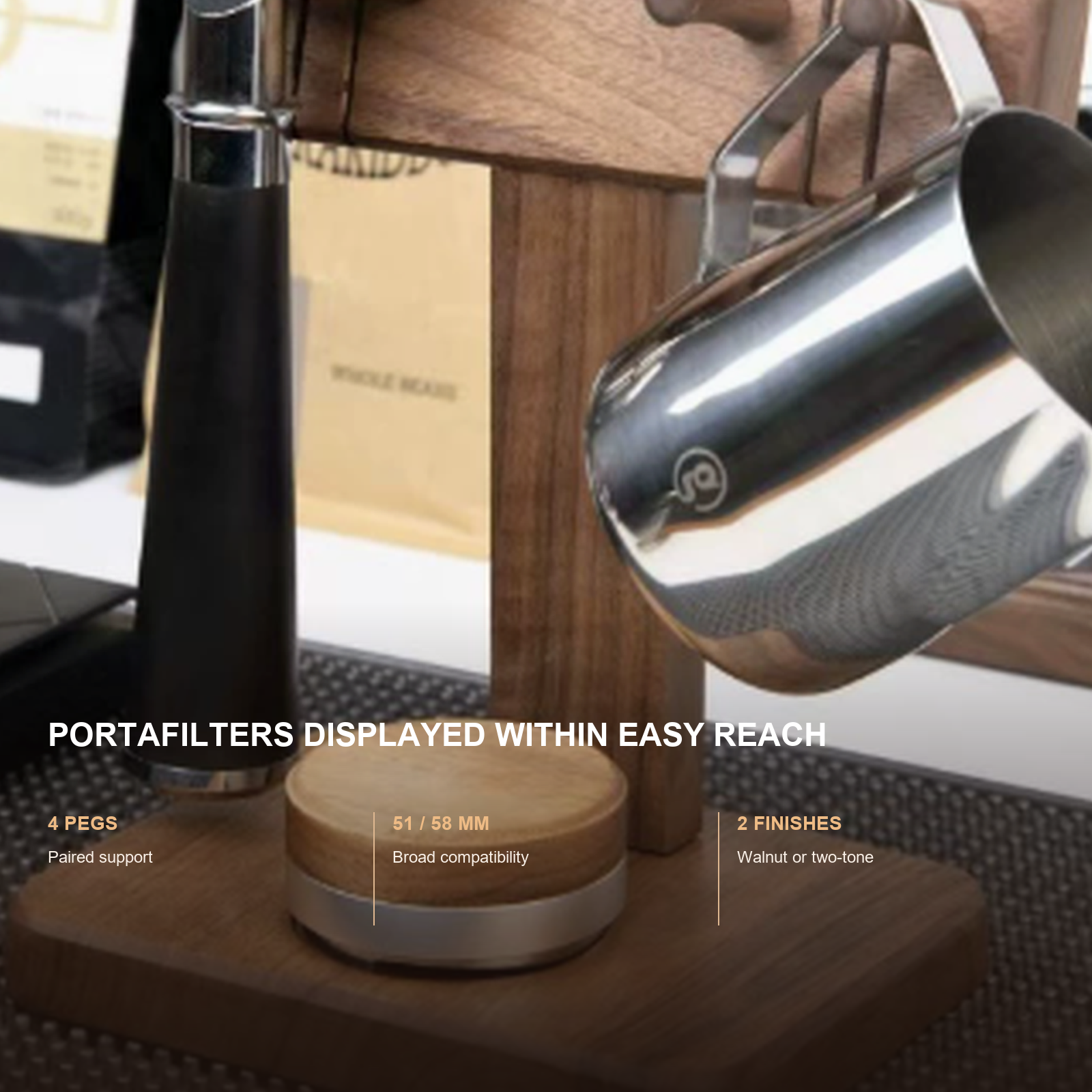 Freestanding solid walnut portafilter display features