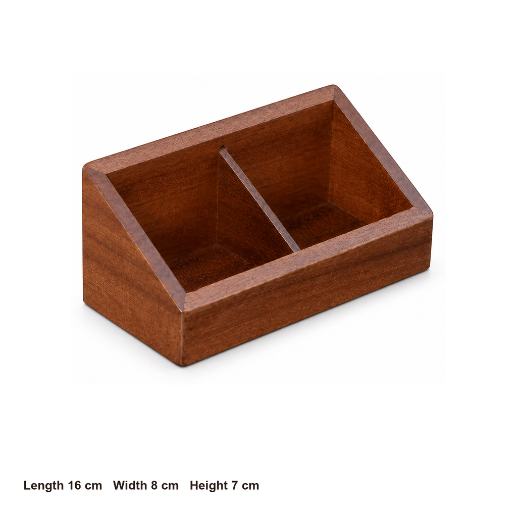 Solid dark wood coffee sachet holder dimensions: 16 by 8 by 7 centimeters