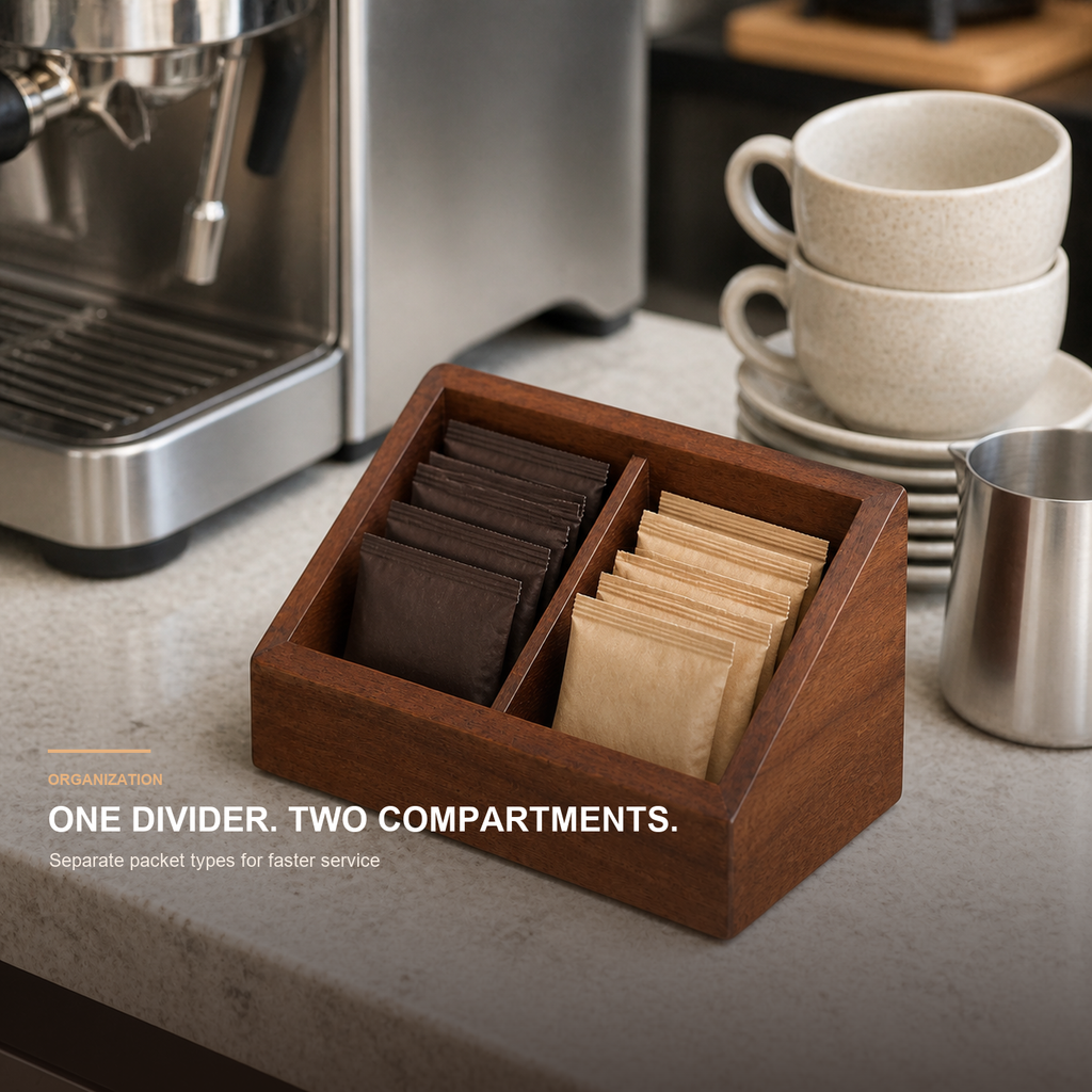 Central divider creating two coffee packet compartments