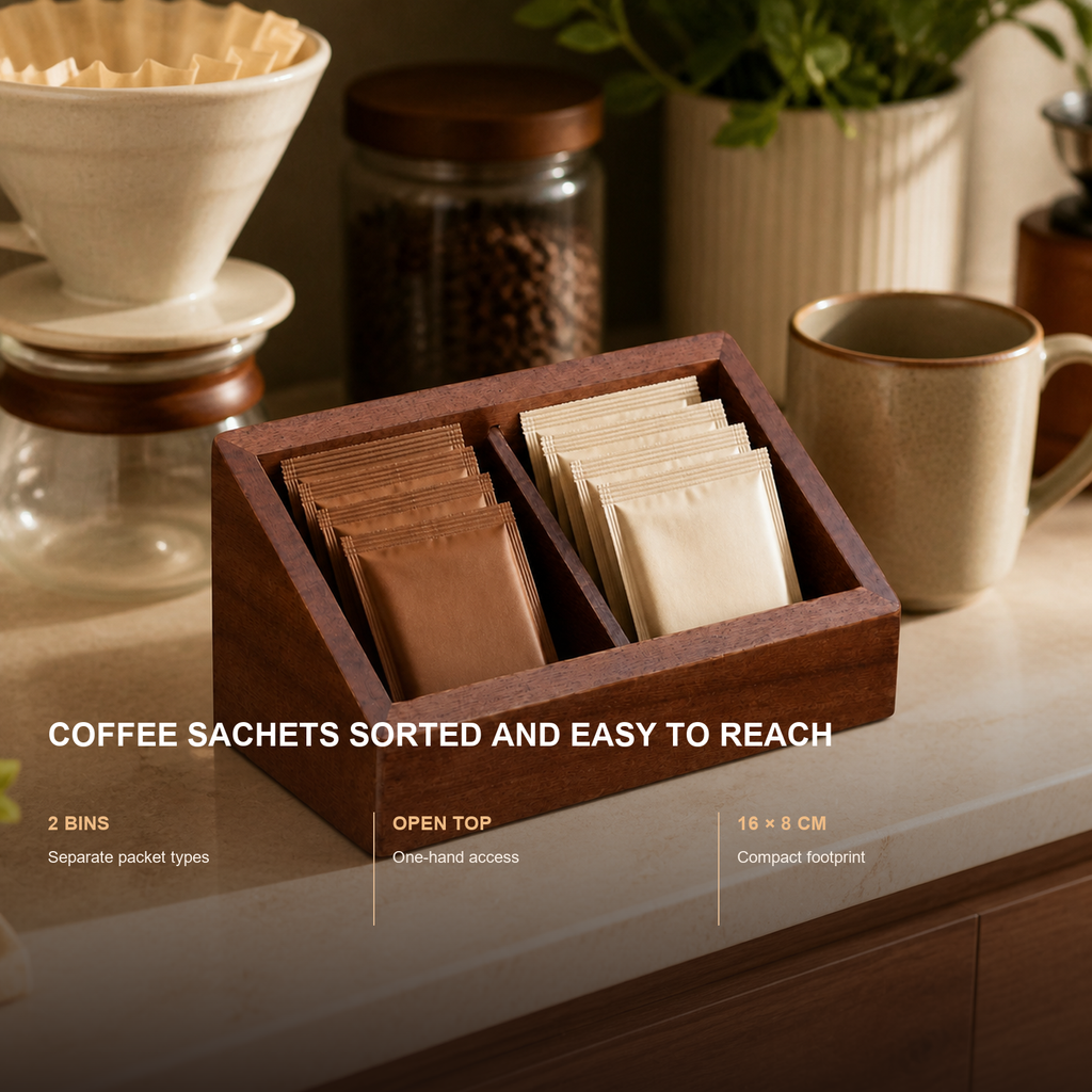 Solid wood coffee sachet storage features