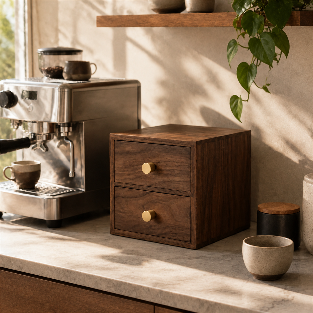 Black walnut coffee capsule organizer beside an espresso machine