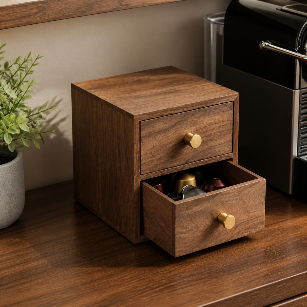 Open lower drawer holding coffee capsules at a home coffee bar