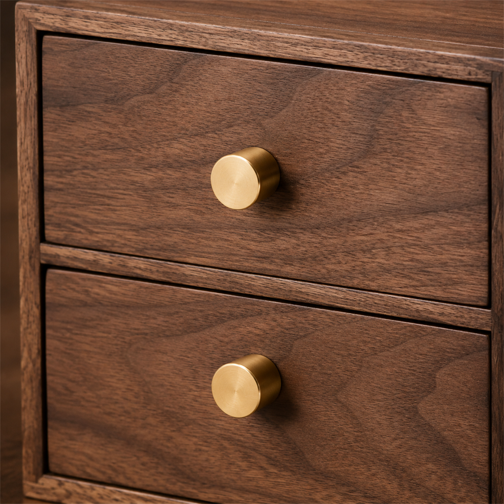Brass knobs and natural black walnut grain detail