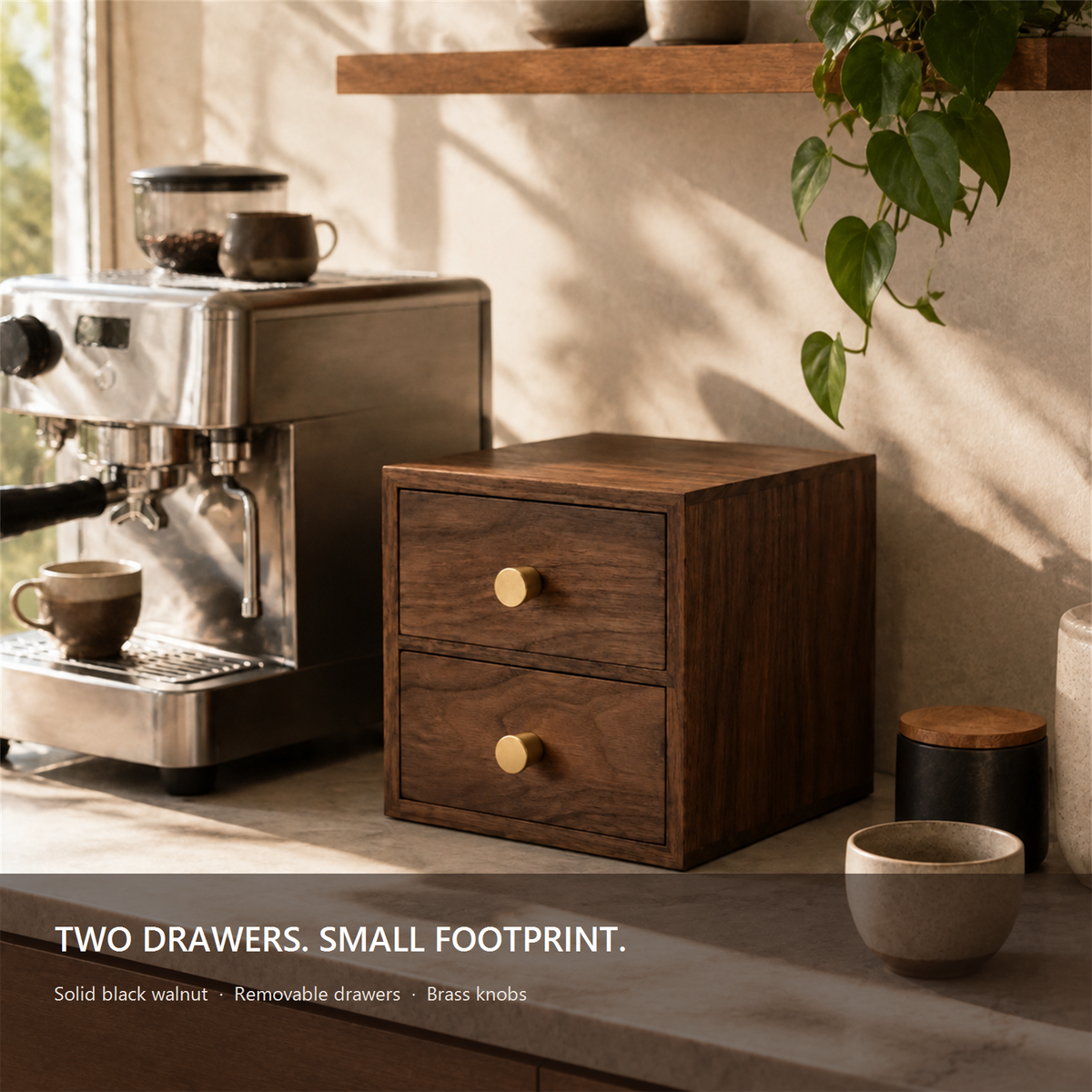 Compact two-drawer black walnut coffee bar organizer