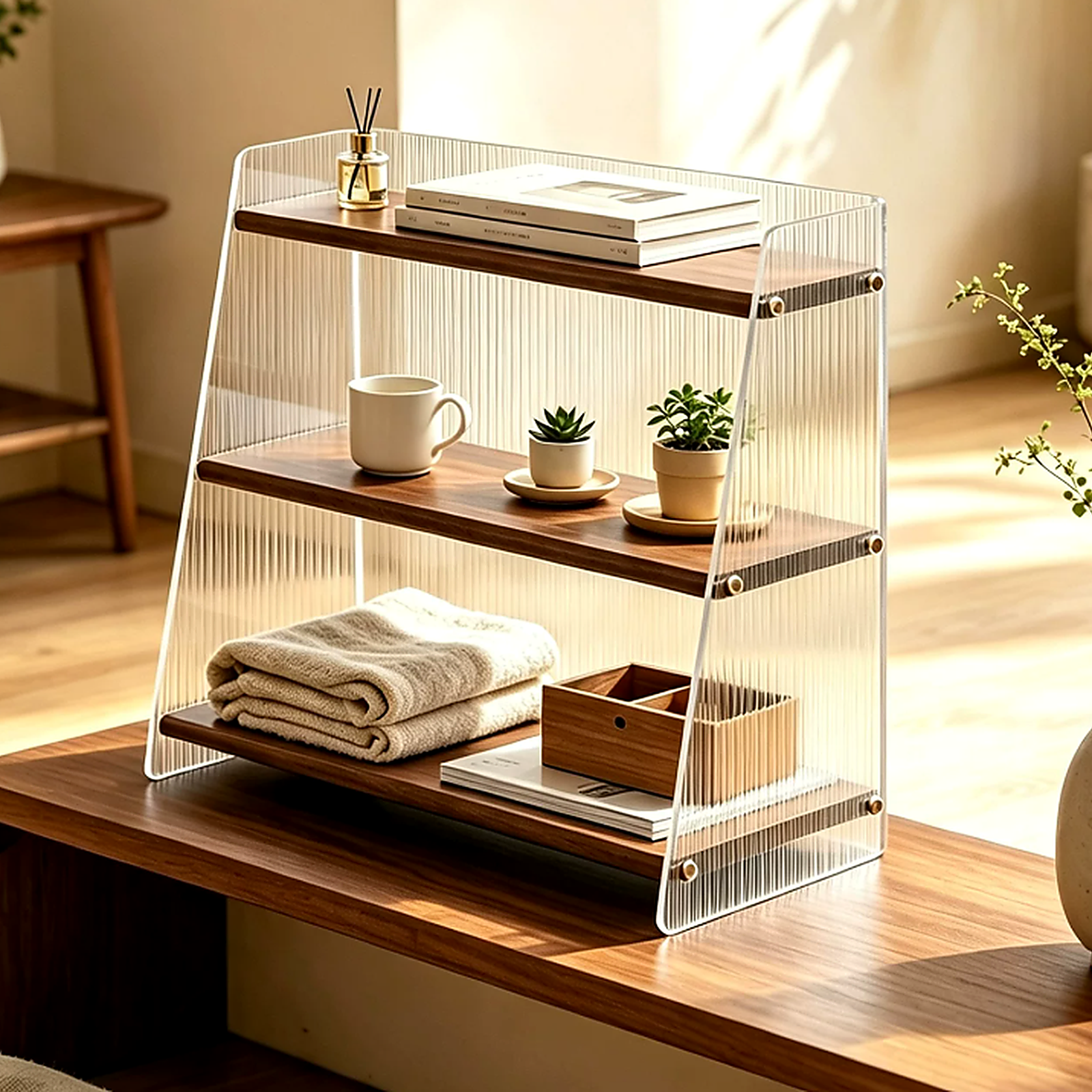 Small 35 cm black walnut and acrylic three-tier coffee display