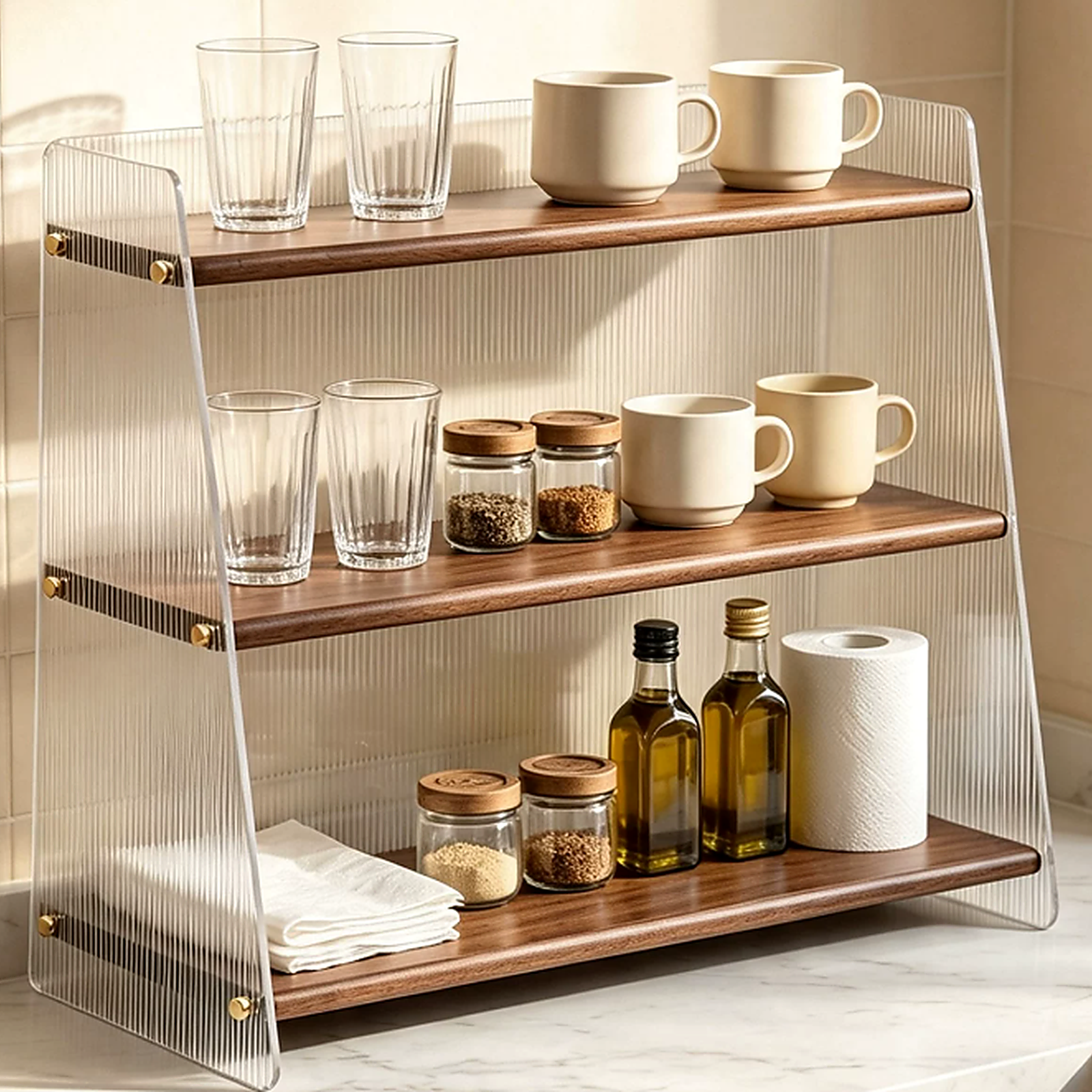 Large 52 cm black walnut and acrylic three-tier coffee display