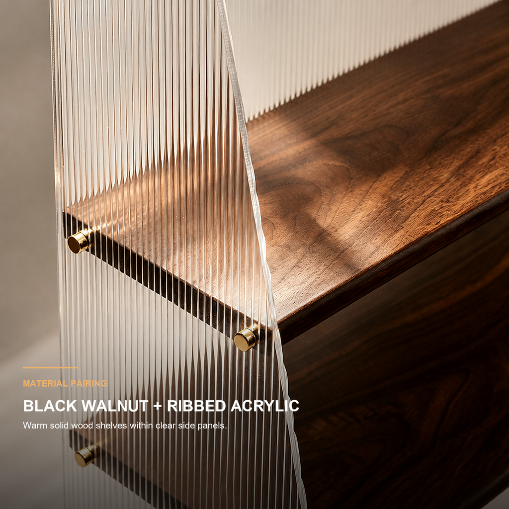 Close-up of black walnut shelf, ribbed clear acrylic and brass fasteners