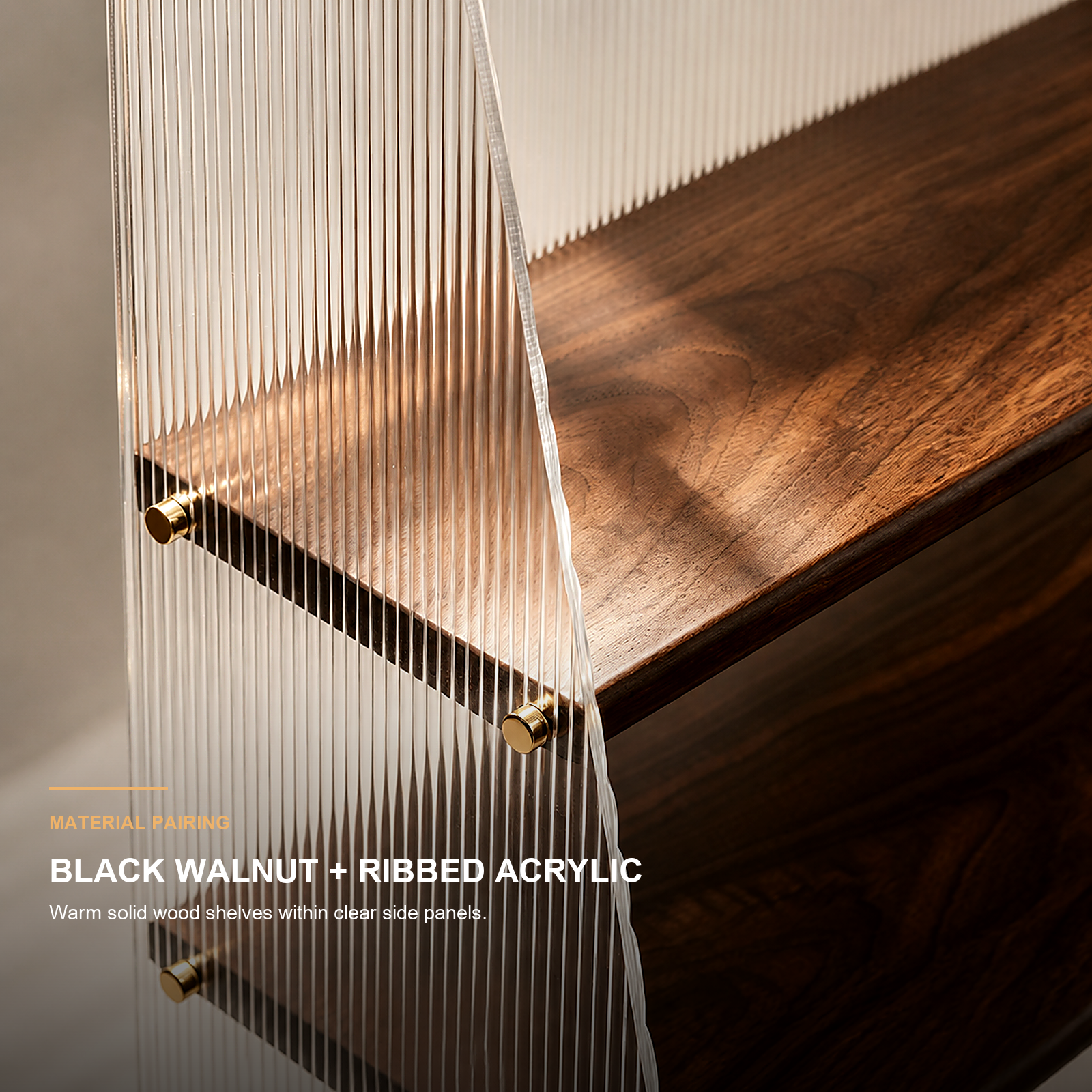 Close-up of black walnut shelf, ribbed clear acrylic and brass fasteners
