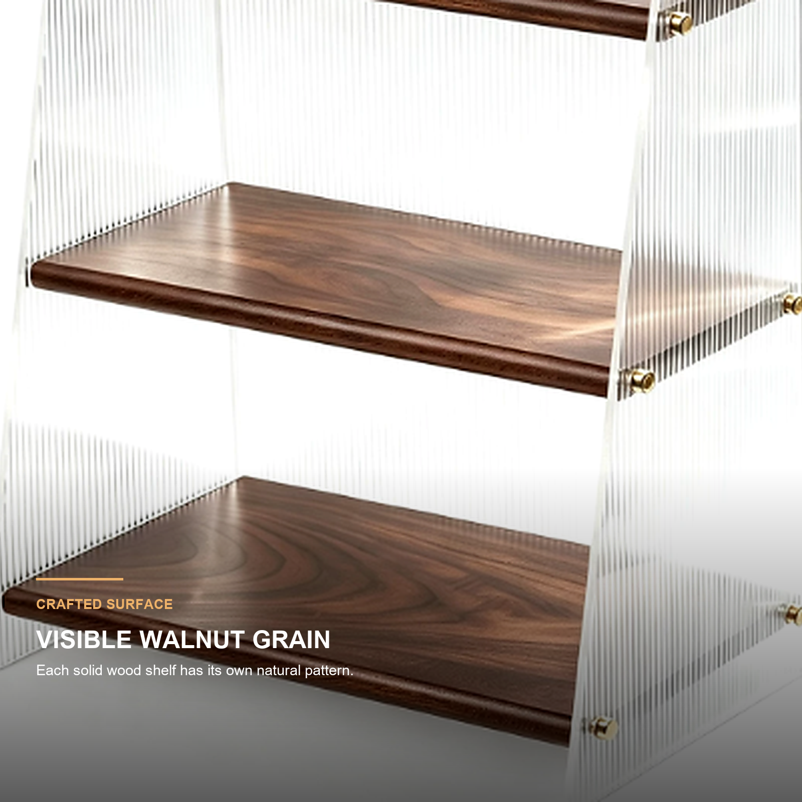 Close-up of visible grain on solid black walnut shelves