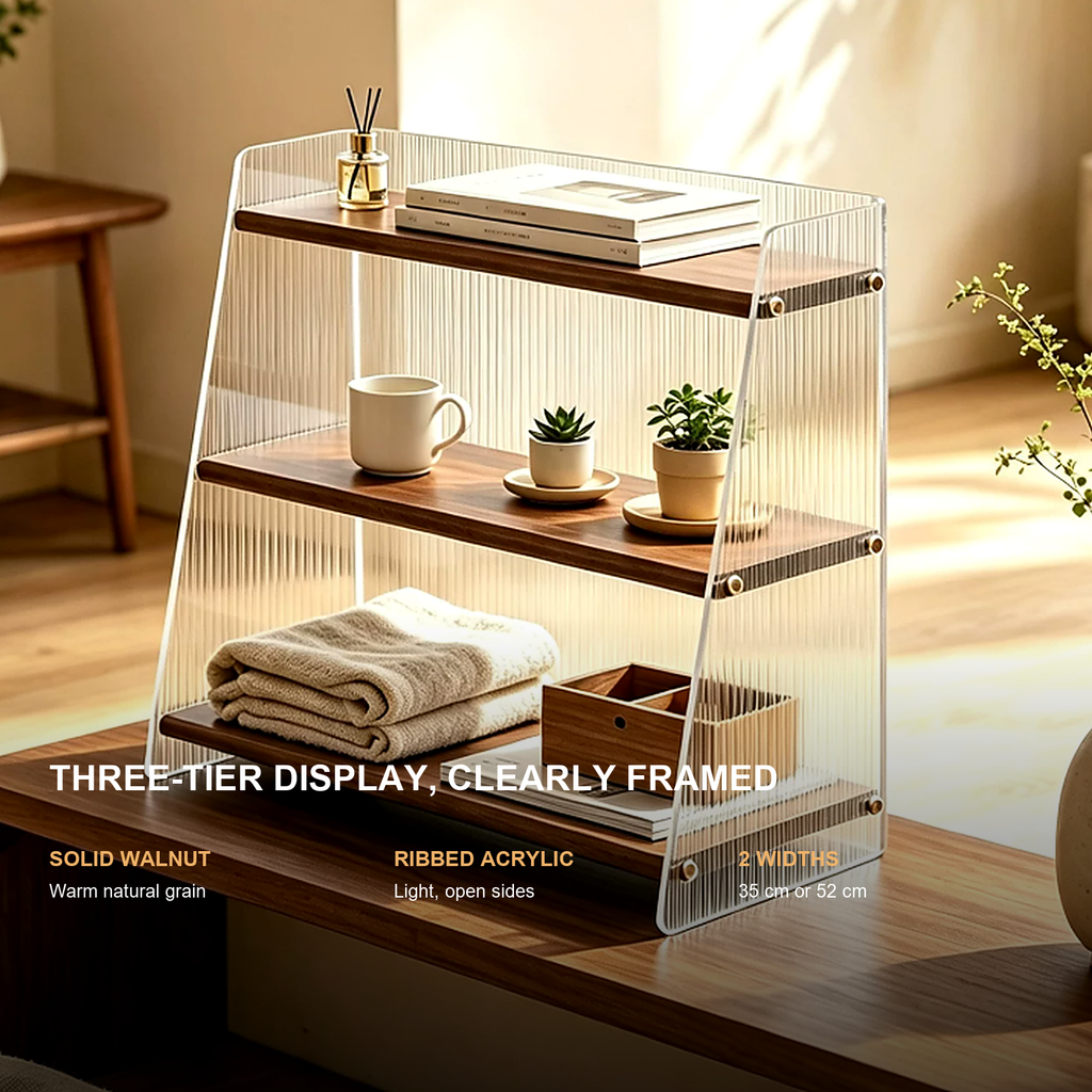 Three-tier black walnut and acrylic display available in two widths